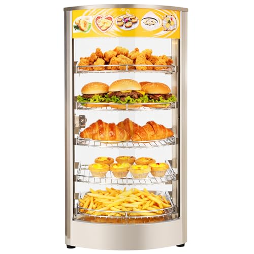 VEVOR 5-Tier Commercial Food Warmer Display, 800W Food Display Warmer with LED Light, Adjustable Shelf and Stainless Steel Frame, 86℉~185℉ Air Heating, 60L for Hamburger, Pizza, Bread, Fried Chicken - size: 5-Tier-63Qt