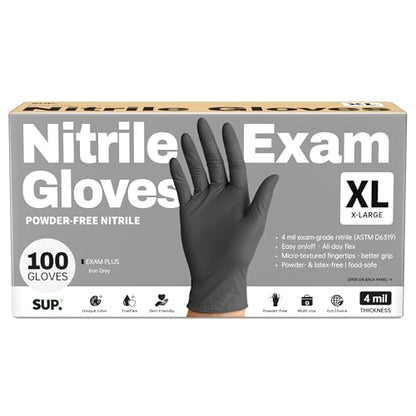 Nitrile+ SUP Exam Plus Gloves, Powder-Free Disposable, Black 100 Count - color: X-large (Iron Grey)