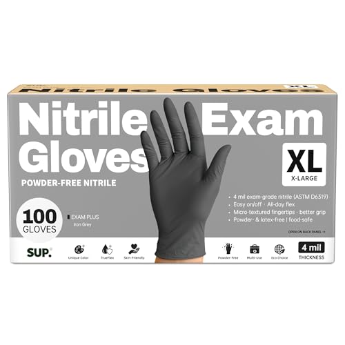 Nitrile+ SUP Exam Plus Gloves, Powder-Free Disposable, Black 100 Count - color: X-large (Iron Grey)