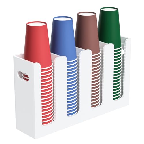 Disposable Coffee Cup Dispenser with Handles, Countertop or Wall Mount Hot/Cold Drink Cup and Lid Holder - Bathroom/Kitchen/Office Acrylic Cup Lid Storage Organizer (4 Compartments, White) - color: White, size: 4 Compartments