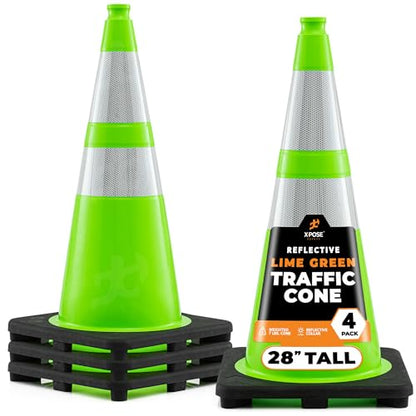 Xpose Safety 28” Lime Green Traffic Cone Dual 6" & 4" Reflective Collar - color: Lime, size: 28" 7lb. Cone