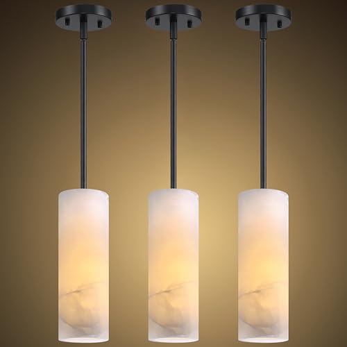 1 Light Hanging Natural Alabaster Marble 3 Pack Pendant Ceiling Light Fixture,Modern Industrial Farmhouse Kitchen Island Light Black Finish Over Sink Restaurant bar Corridor - color: Black 3.2" Marble, size: 3 Pack