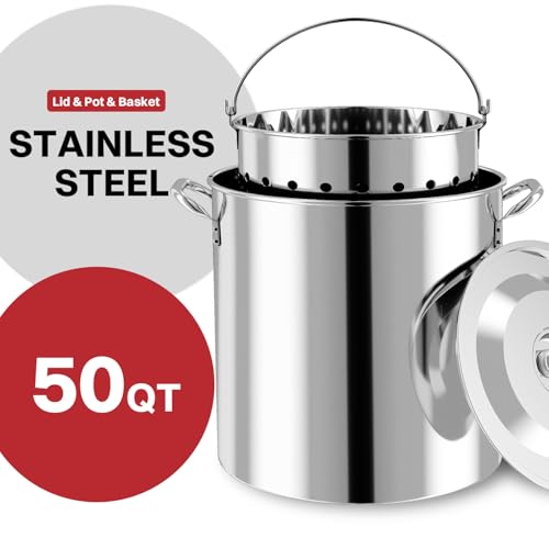 50QT Crawfish Boiler | Stainless Steel Seafood Boil Pot with Basket - size: 50QT+Cover+Skimmer
