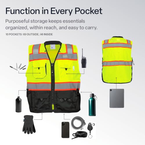 Global Glove GLO-099 Premium High-Visibility Surveyors Safety Vest, Lightweight and Breathable, Zipper Closure, 9 Pockets - size: 4X-Large