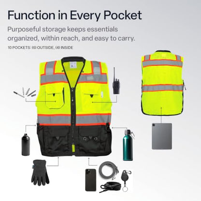 Global Glove GLO-099 Premium High-Visibility Surveyors Safety Vest, Lightweight and Breathable, Zipper Closure, 9 Pockets - size: 5X-Large