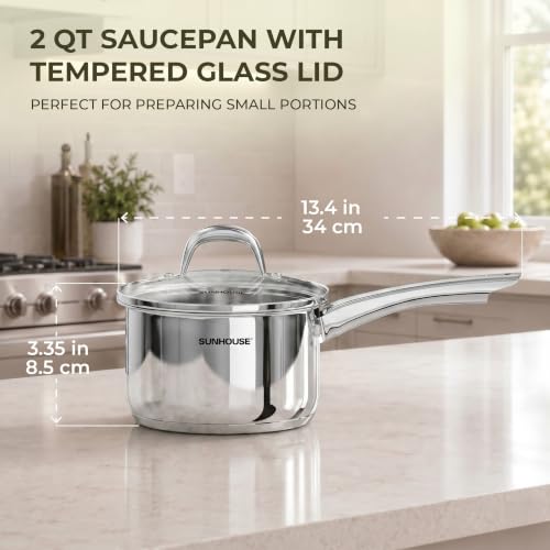 SUNHOUSE 2 QT Stainless Steel Sauce Pan with Lid, Small Pot for Cooking