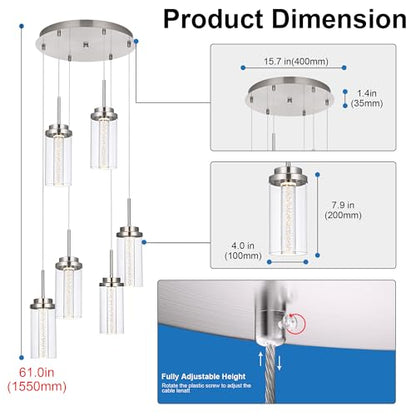 MELUCEE 6-Light Modern LED Pendant Light Fixtures with 3000K-6000K - color: Brushed Nickel, size: 6-Light-Round