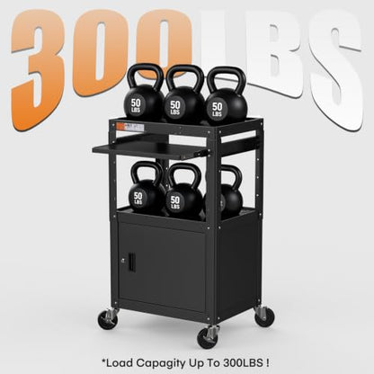 Steel Large AV Cart with Extra Storage - Adjustable Height Cart with Locking Cabinet, Pullout Tray, Power Strip, and Cord Management - Holds 300 lbs and Easy to Assemble (24'' x 18'' x 42'') - style: AV Cart with Storage(M-AV-G)