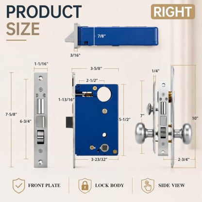 Tandefio 1 Set Mortise Lock with 2-1/2" Backset, Right Hand, Silver - style: Right Hand