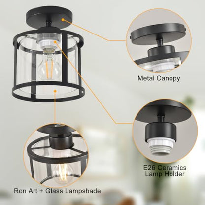 Semi Flush Mount Ceiling Light, Modern Kitchen Lighting Fixtures Ceiling, Rustic Ceiling Light Fixtures, Ceiling Lights with Glass Shade for Hallway Foyer Entryway Bedroom - color: 1 Pack Iron+Clear Glass, size: 1 Pack