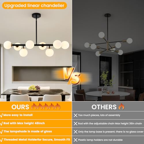 Sputnik Black and Gold Chandelier Pendant Linear Light Modern Mid Century Light Fixture White Globe Shade for Dining Living Room Kitchen Island 8-Light - color: BlackGold-31in
