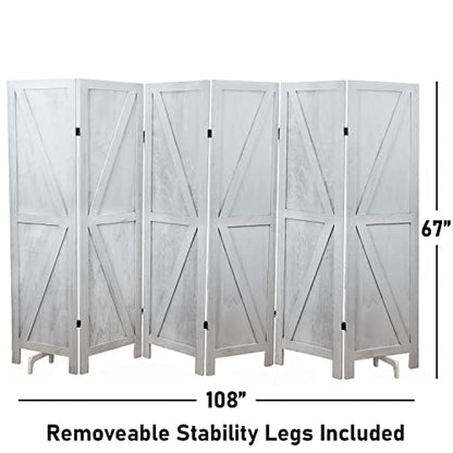Premium Home 6-Panel Room Divider, Rustic White Barn Door K-Pattern Screen - color: Rustic White - K Pattern - 6 Panel