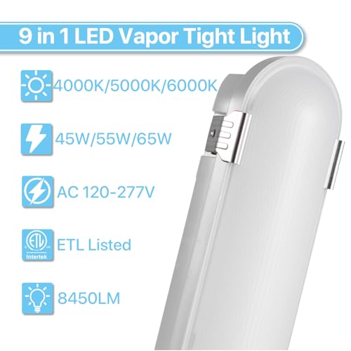 HYPERLITE 65W 4pack LED Vapor Proof Light, 8450lm 4FT 45W/55W/65W Vapor Tight Light Fixture, 4000K/5000K/6000K Selectable,IP65 ETL Listed AC120-277V Shop Lights for Garage,Walk in Freezer - size: 4FT | 6 PACK