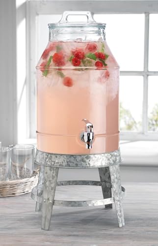 3 Gallon Classic Ice Cold Clear Glass Mason Jug Drink Beverage Dispenser Durable On Galvanized Stand With Leak Free Spigot-Easy Filling For Outdoor, Parties & Daily Use Lid - color: Clear-3 Gallon