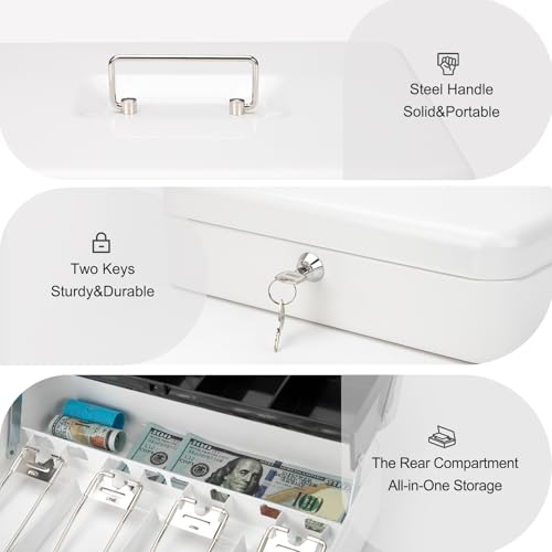 Jssmst Metal Cash Box with Money Tray and Lock, Portable Cash Drawer, 11.8" - color: White Key