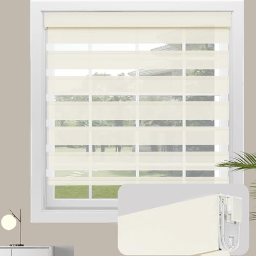 No Drill No Tools Cordless Zebra Blinds for Windows, Day & Night Dual Sheer Roller Shades,Easy Installation,Free-Stop Lift System, Light Filtering Privacy Blinds for Home,Custom Size,White - color: Light Beige Yellow, size: No Drill Installation-Custom Si