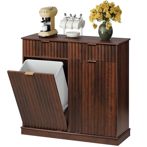 WLIVE 2 * 10 Gallon Double Tilt Out Trash Can Cabinet, Hidden Trash Can Cabinet with Storage Drawers,Food/Clothes Storage Pet Proof Wooden Trash bin Cabinet for Kitchen, Home, Laundry, Brown - color: Brown, size: Double Cabinets without Outlets