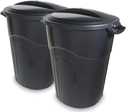 United Solutions 32 Gallon Outdoor Garbage Can, Black, Easy to Carry Garbage Can with Sturdy Construction, Pass-Through Handles & Attachable Click Lock Lid, Indoor or Outdoor Use, (Pack of 2) - color: Black, size: 32 Gallon - 2 Pack, style: Non-Wheeled