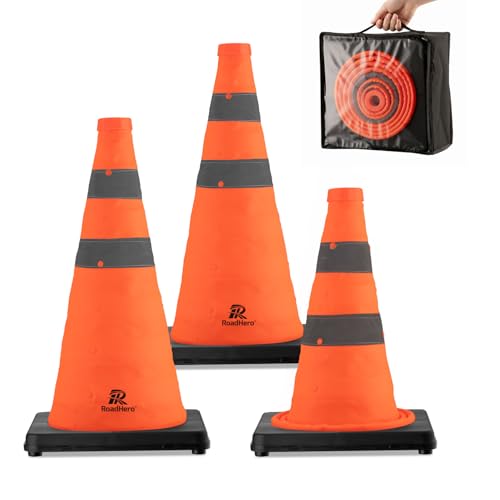 RoadHero 3 Pack 18 Inch Collapsible Traffic Cones with Black Base - size: 18 Inch