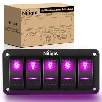 Nilight 5 Gang Rocker Switch Panel w/Purple LED Light 5Pin On Off Pre-Wired - color: Purple, size: 5 Gang