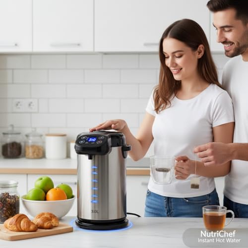 NutriChef Electric Water Boiler and Warmer - 3L/3.17 Qt Stainless Steel Electric Hot Water Dispenser w/Rotating Base, Auto Shut Off, Safety Lock, Instant Heating for Coffee & Tea (NCHUB13) - size: 3.2 Quarts