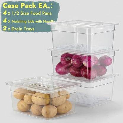 CURTA 4-Pack 1/2 Size 6" Deep NSF Polycarbonate Food Pans with Handled Lids & Drain Trays | Dishwasher & Freezer Safe Clear Container for Prep Tables, Buffet, Salad Bar, Commercial & Home Kitchen - color: 1/2 Size, size: 6" Deep Pan with Lid