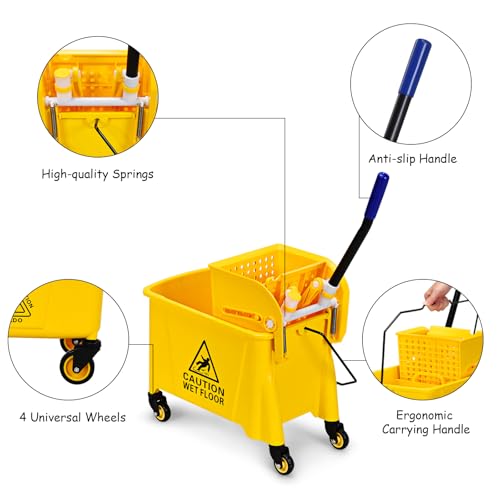 ARLIME Commercial Mop Bucket with Wringer, 21 Quart Capacity Portable Wringer Trolley, Side Press Floor Cleaning Wavebrake w/Handle, Small Mop Bucket on Wheels for Home, Industrial, Yellow