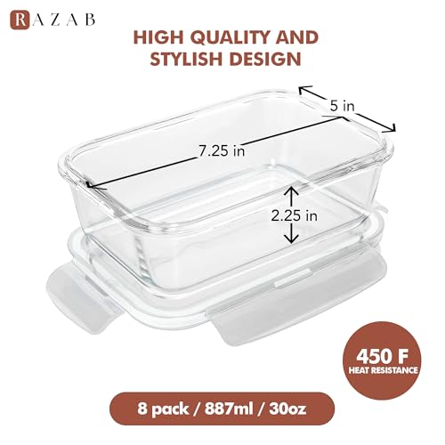 Razab 16 Pc (Set of 8) 30 Oz Glass Meal Prep Containers with Lids, Airtight Large Glass Food Storage Containers, Reusable Leak Proof BPA Free, Freezer to Oven and Dishwasher Safe - color: White