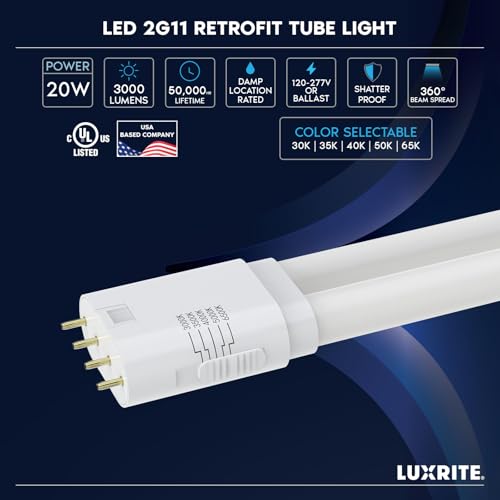 LUXRITE 20W 4-Pin 2G11 LED Tube Light Bulb, 3000 Lumens (2 Pack) - size: 2 Count (Pack of 1)