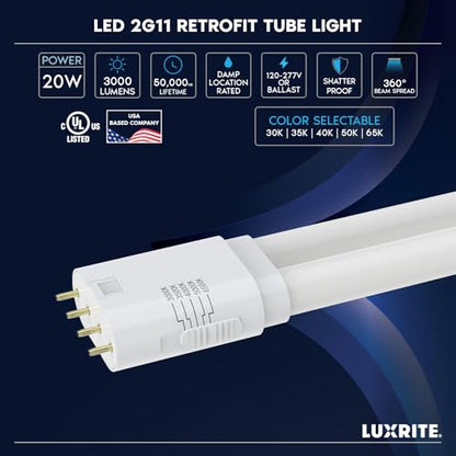LUXRITE 20W 4-Pin 2G11 LED Tube Light Bulb, 3000 Lumens (4 Pack) - size: 4 Count (Pack of 1)