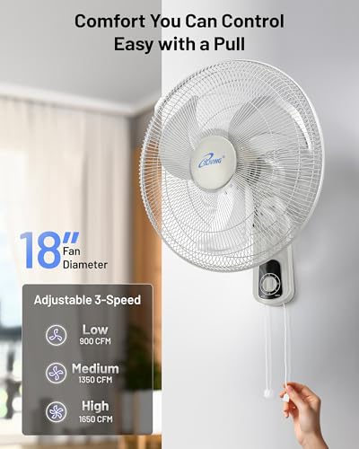 iLiving Glow Oscillating Wall Mount Fan with Adjustable Tilt, 18-inch, 3 Speed, Metal Grille and Blade, 90 Degree Oscillation, Airflow 1650CFM, Ideal for Home, Bedroom, Gym & Office, Greenhouse - size: 18 In