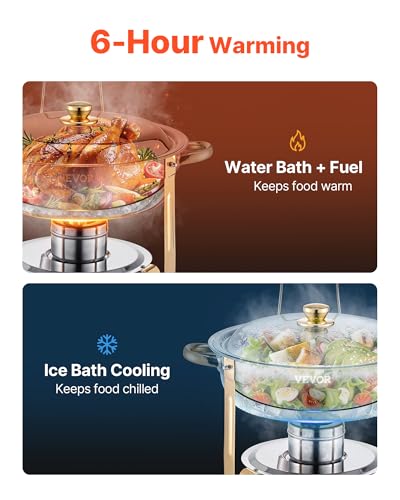 VEVOR Chafing Dish Buffet Set, 5 Qt 4 Pack, Stainless Steel Chafer with 4 Full Size Pans, Round Catering Warmer Server with Lid Water Pan Folding Stand Clip, for Weddings Parties Banquets, Gold - size: 4packs Gold