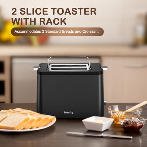 Mecity Toaster 2 Slice Stainless Steel Body, Timer, Bagel, Defrost, Reheat, Cancel Functions, Warming Rack, Removable Tray, 6 Browning Settings, Extra Wide Slots, Bread Toaster, 120V 800W Black - size: 2 Slots