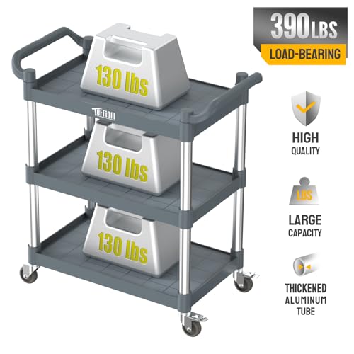 TUFFIOM 3-Tier Plastic Service Utility Cart with Wheels,Heavy Duty 390lbs Capacity,Commercial Rolling for Restaurant, Foodservice, Office, Warehouse, Gray 24.6''L x 15.8''W x 37.4''H - size: Gray 24.6''L x 15.8''W x 37.4''H