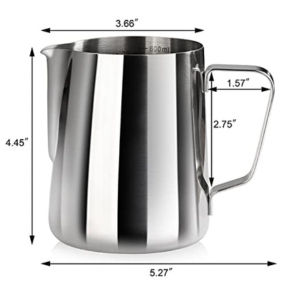 New Star Foodservice Stainless Steel Frothing Pitcher, 20 oz Espresso Milk Steaming Cup with Measurement Scale, Commercial Grade 18/8 Barista Pitcher for Lattes, Cappuccinos, Coffee, Silver - size: 20.3 Ounces