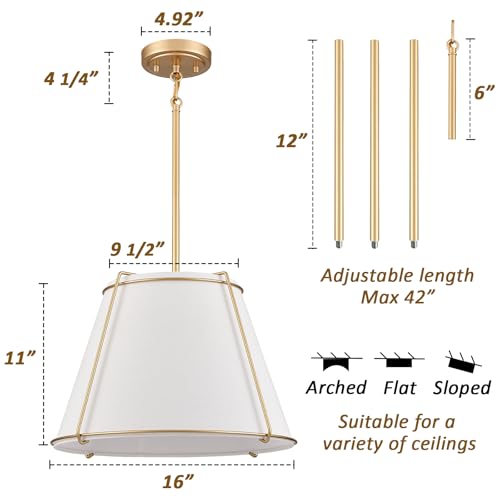 3-Light Gold Cone 16" Pendant Light Fabric Drum Shade with Metal - color: Gold
