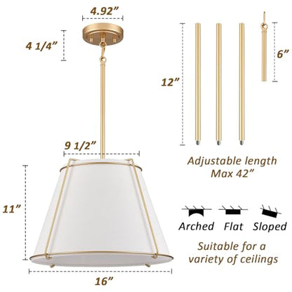 3-Light Gold Cone 16" Pendant Light Fabric Drum Shade with Metal - color: Gold