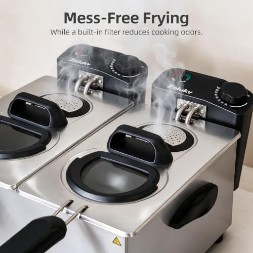 7.4QT Double Deep Fryer with Oil Filtration System, 3000W Dual Basket Electric Deep Fryer for Home Use with 2 Baskets, Large Countertop Fryer with Viewing Window and Adjustable Temperature