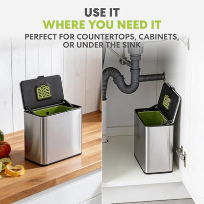 Simpli-Magic Kitchen Compost Bin and Caddy, 5L / 1.32 Gal Stainless Steel with Removable Inner Bucket and Deodorizer Compartment, 2-in-1 Countertop Compost Bin with Lid, Kitchen Food Waste, 79705 - color: Brushed Silver