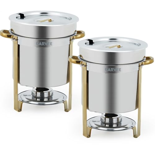 GarveeHome 11QT Round Soup Chafer Sets of 2, Commercial Soup Warmer with Pot, Notched Lids & Fuel Holders, Stainless Steel Food Warmer for Buffets Parties Wedding Banquets Catering, Gold - color: Gold, size: 11QT-2 Pcs