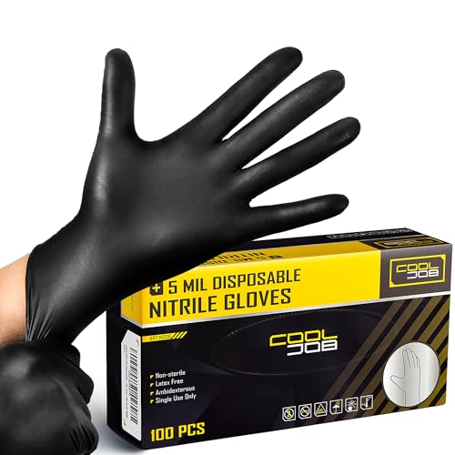 COOLJOB 5 Mil Black Disposable Nitrile Gloves for Men, Heavy-Duty for Household Cleaning, Cooking, Working, Powder Free, S-XL - size: Medium (Pack of 100)