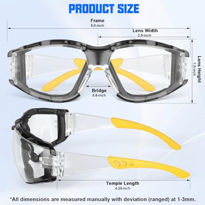 OXG Anti Fog Safety Glasses with Foam Gasket, ANSI Z87.1 Protective Eyewear - color: 3p-clear Lens/Yellow Frame