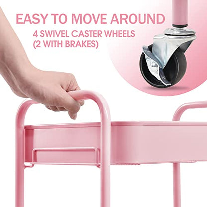 TOOLF 3 Tier Metal Rolling Cart, Utility Storage Cart with Wheels, Pink - color: Pink, size: 3-Tier