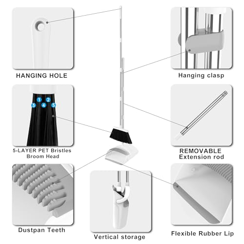 Broom and Dustpan Set, 52" Longe Adjustable Handle, White - color: White