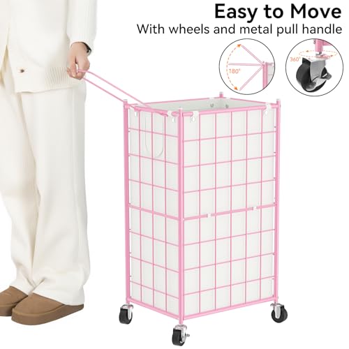 WOWLIVE Rolling Laundry Basket, Metal Wire Frame Laundry Hamper with Wheels - color: Pink, size: 100l