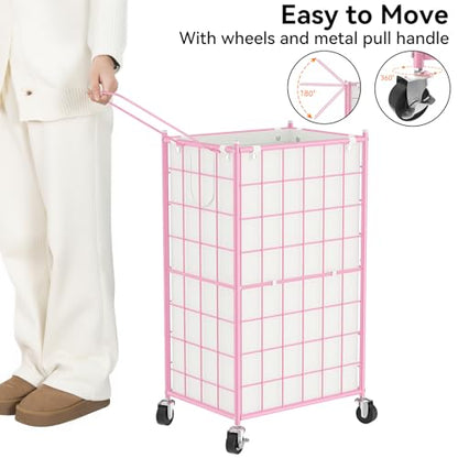 WOWLIVE Rolling Laundry Basket, Metal Wire Frame Laundry Hamper with Wheels - color: Pink, size: 100l