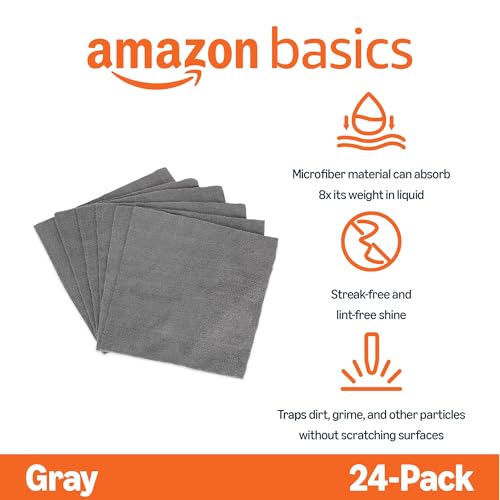 Amazon Basics Microfiber Cleaning Cloths, Ultra Absorbent, Lint Free, Streak Free, Non-Abrasive, Reusable and Washable, 12" x 12", Grey, 24 Pack - style: 24-Pack