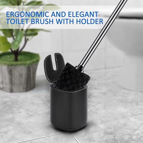Toilet Bowl Brush and Holder, Toilet Brush with Stainless Steel Handle and Durable Bristles for Bathroom Cleaning, Automatic Closing Holder Set (Black) - color: Black