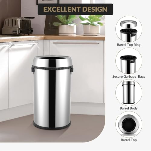 GarveeHome 65L/17 Gal Commercial Trash Can, Round Open Top Waste Bin, Large Stainless Steel Garbage Can, Outdoor Trash Bin with Wide Open and Dual Side Handle Design, for Office Bedroom Restaurant - style: Wide Open with Handle