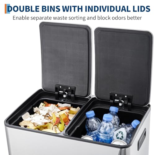 Garvee 16 Gal Dual Compartments Kitchen Trash Can, Stainless Steel, Silver - color: Silver, size: 30L+30L